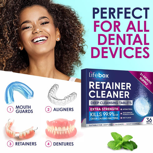 Retainer Cleaner Tablets, Denture Cleaning Tablets, & Aligner Cleaner - Removes Odors & Kills 99.9% of Bacteria & Stains – For Aligners, Retainers, Dentures, Night Guards - 36 Tablets, Mint Flavor