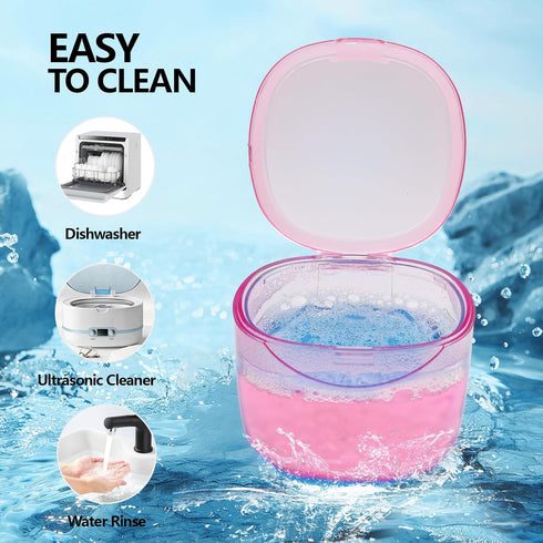 Transparent Pink Travel Denture Case with Brush, Leak Proof Denture Cleaning Container for False Teeth