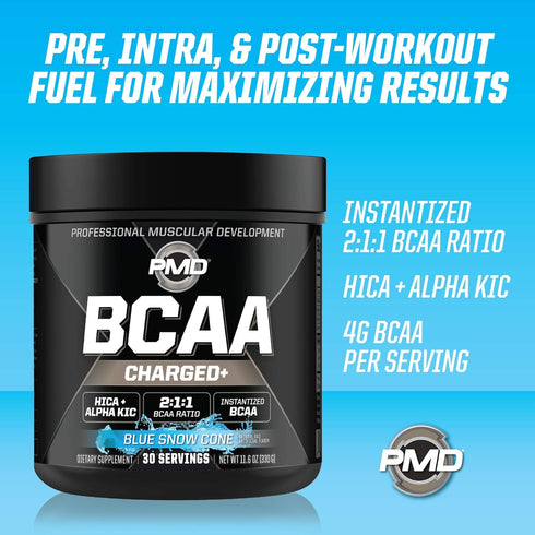 PMD Sports BCAA Charged Amino Acid Drink Mix for Performance, Recovery, Endurance - Blue Snow Cone
