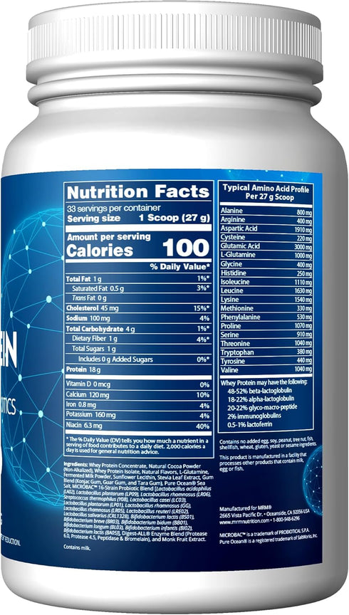 MRM Nutrition Whey Protein, Chocolate Flavored, 18g Protein, 33 Servings with Probiotics & Digestive Enzymes
