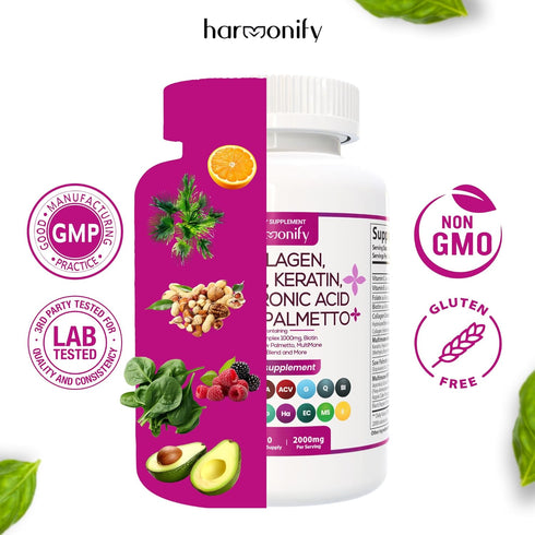 Collagen Biotin Keratin Saw Palmetto Hyaluronic Acid Complex Supplement with Vitamin E, Folic Acid, Pumpkin Seed, and