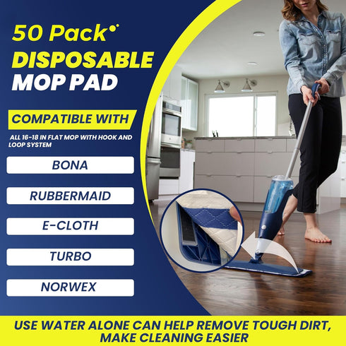 Microfiber Disposable Mop Pad, 50 Pack for All 16-18'' Hook & Loop System Mop, Compatible with Bona, Rubbermaid, Turbo,