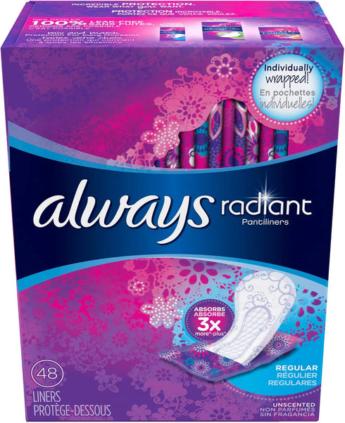 Always Radiant Unscented Pantiliners, Regular, 48 Liners (Pack of 2)