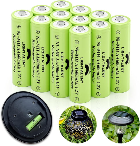 Ni-MH AA Rechargeable Batteries, High Capacity 1.2V Pre-Charged Double A Battery for Outdoor Solar Lights (12 Pack)