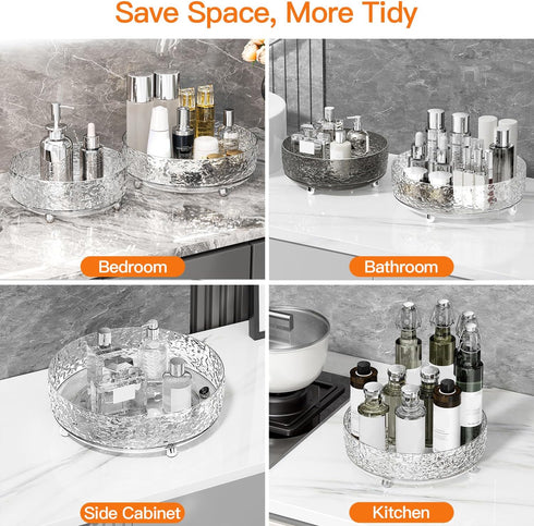 J WARRIOR 360 Rotating Makeup Organizer - Spinning Skincare Storage for Vanity, Turnable Cosmetics Organizer (Clear)