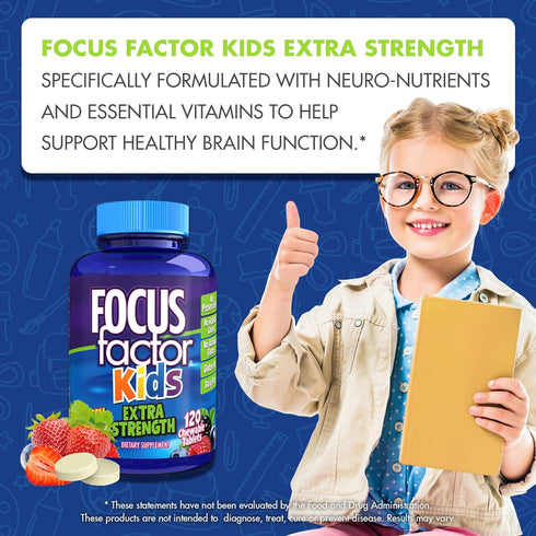 Focus Factor Kids Extra Strength Daily Chewable, 120 Count - Brain Health Support, Gluten & Dairy Free, No Artificial