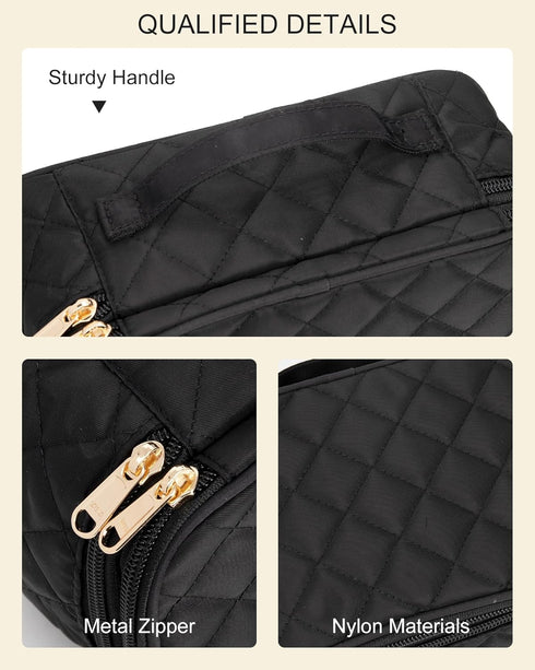 Relavel Small Makeup Bag, Travel Cosmetic Organizer for Women, 2 Layer Waterproof Black Makeup Pouch with Zipper