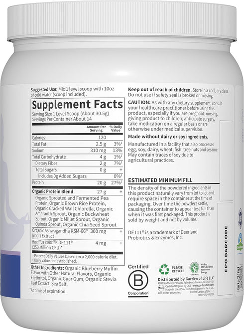 Garden of Life Functional Protein Stress Relief, 20g Organic Protein Blend - Blueberry Muffin, Mood Blend
