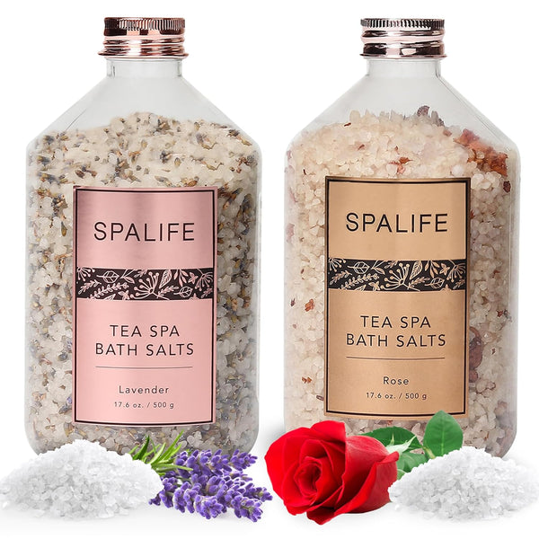 SpaLife Tea Spa Petal-Infused Mineral Bath Salts, Lavender & Rose, 2-Pack 17.6 oz. for Relaxing Soaks
