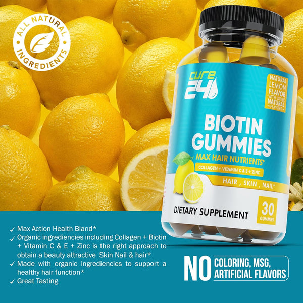 Biotin Gummies with Vitamin C, E, Collagen, and Zinc for Hair Growth, Nail, Skin Support, Made in USA