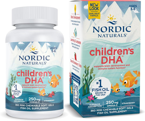Nordic Naturals Children’s DHA, Strawberry - 360 Mini Chewable Soft Gels, 250 mg Omega-3, 90 Servings