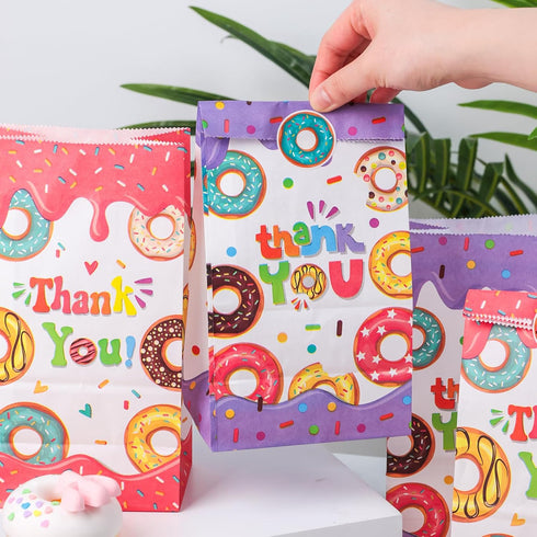 VGOODALL 24PCS Donut Party Favor Bags, Paper Gift Bags with Stickers for Kids Birthday Party Goodie Bags