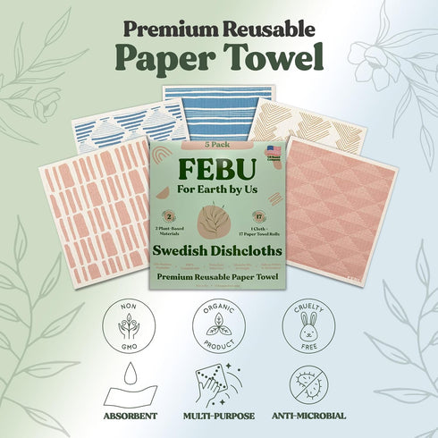 FEBU Swedish Dishcloths for Kitchen, 5 Pack Sunset Reusable Paper Towels, Biodegradable Cleaning Cloths