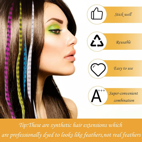 Xinnun 52 Pcs Colored Hair Feathers Extension Kit, Long Rainbow Synthetic Hair with 200 Pcs Micro Rings