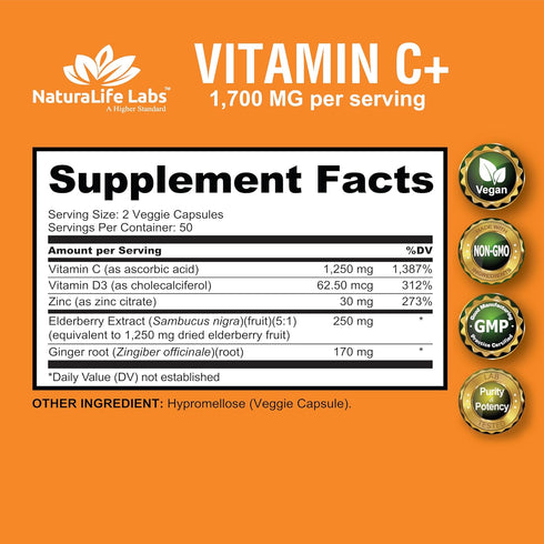 NaturaLife Labs A Higher Standard Vitamin C 1,700 MG with Vitamin D3, Zinc, Elderberry, Ginger Root - 100 Veggie