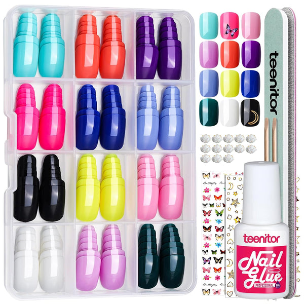 Teenitor Extra Short Press On Nails Kit, 12 Colors Short Fake Nails with Nail Glue, 288pcs for Small Nail Beds