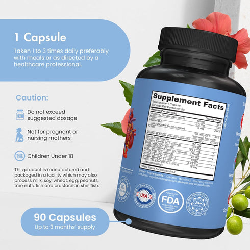 Blood Pressure Support Supplement - Garlic, Hibiscus, Hawthorn - 90 Capsules, 3 Months Supply for Cardiac Health.