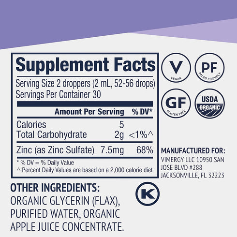 Vimergy Organic Liquid Zinc, Trial Size - 27 Servings, Alcohol Free Zinc Sulfate for Immune Health & Metabolism