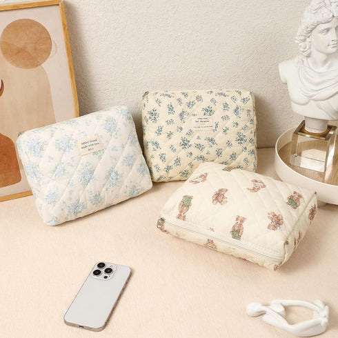 Quilted Cotton Makeup Bag, 2Pcs Coquette Cosmetic Bag, Large Soft Floral Travel Toiletry Bag for Women