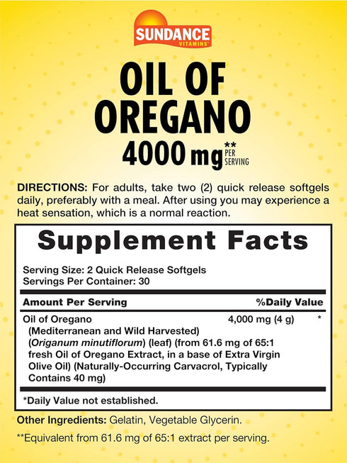 Sundance Oil of Oregano 4000mg Softgels | 60 Pills | Traditional Herbal Supplement | Non-GMO and Gluten Free Formula