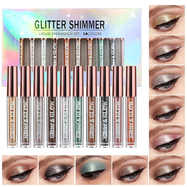 LANGMANNI 10 Pcs Liquid Glitter Eyeshadow Makeup Set, Metallic Shimmer Glitter, Sweatproof Highly Pigmented Blending