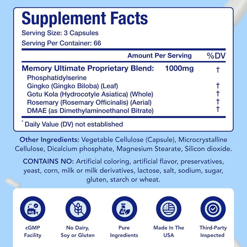 Memory Supplement for Brain Support | Phosphatidylserine with Memory and Focus Complex, 66 Day Supply