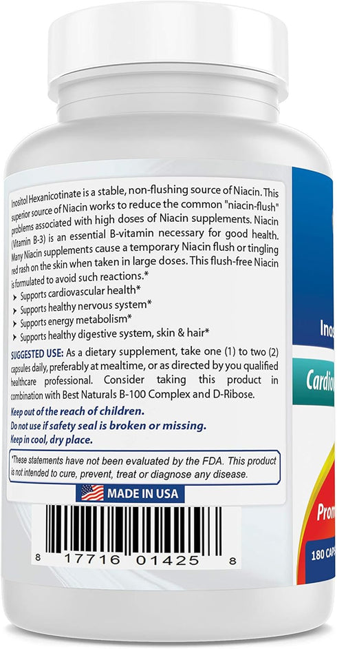 Best Naturals Flush-Free Niacin Inositol Hexanicotinate, 500 mg, 180 Capsules
