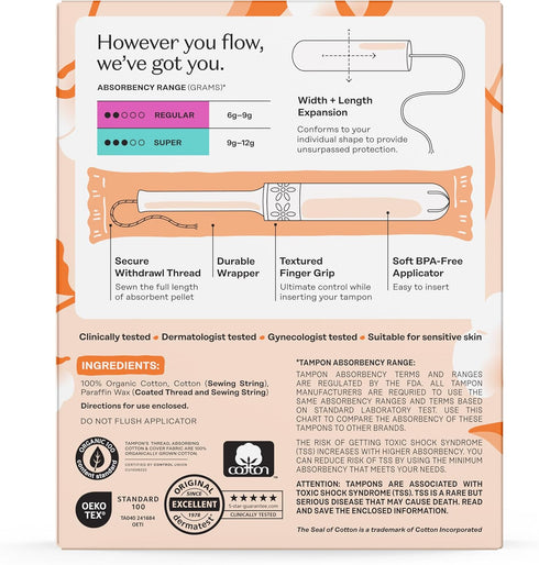 Multipack -100% 54 Count (3 Packs 18) The Honey Pot Company - Organic Cotton Core Tampons w/Bio Plastic Applicator