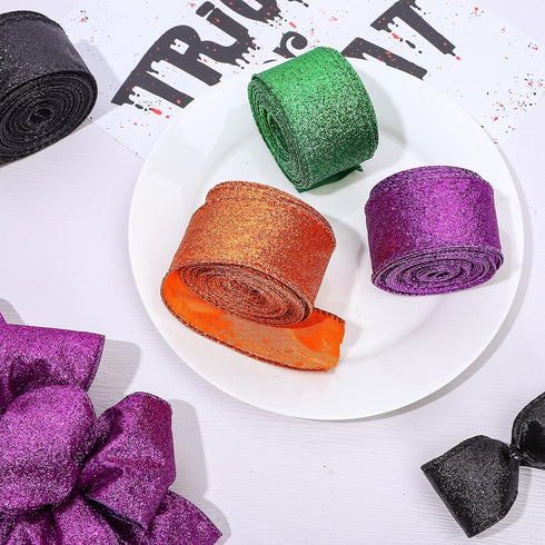Whaline 40 Yards Halloween Glitter Wired Ribbon, Green, Orange, Purple, Black