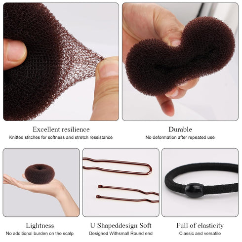 HOFASON Hair Bun Maker Donut, 31 Pcs with Small Hair Donuts, Hair Elastic Bands, and Hair Pins, Brown