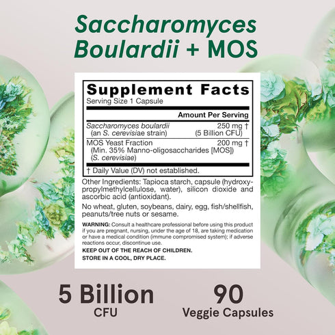 Jarrow Formulas Saccharomyces Boulardii Probiotics + MOS, 5 Billion CFU, 90 Veggie Capsules