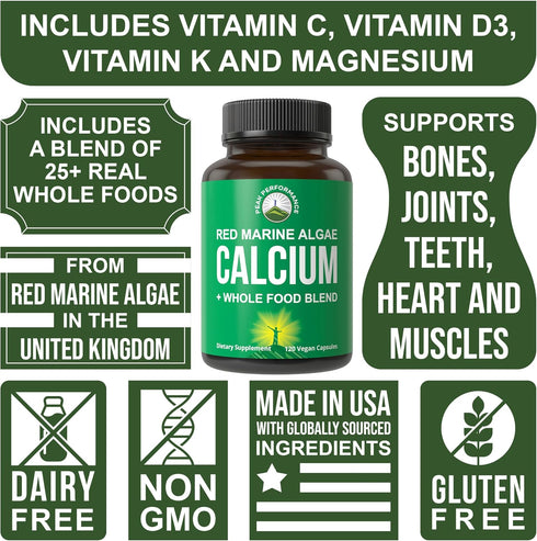 Plant Based Calcium - Red Marine Algae Calcium Supplement with Vitamin C, D3, K, Magnesium - Vegan Capsules for Bones,