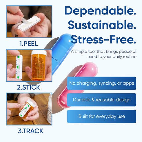 PillSavvy 5 Pack) Daily Pill Tracker Non-Digital, Reusable Medication Reminder for Bottles & Organizers Easy to Use