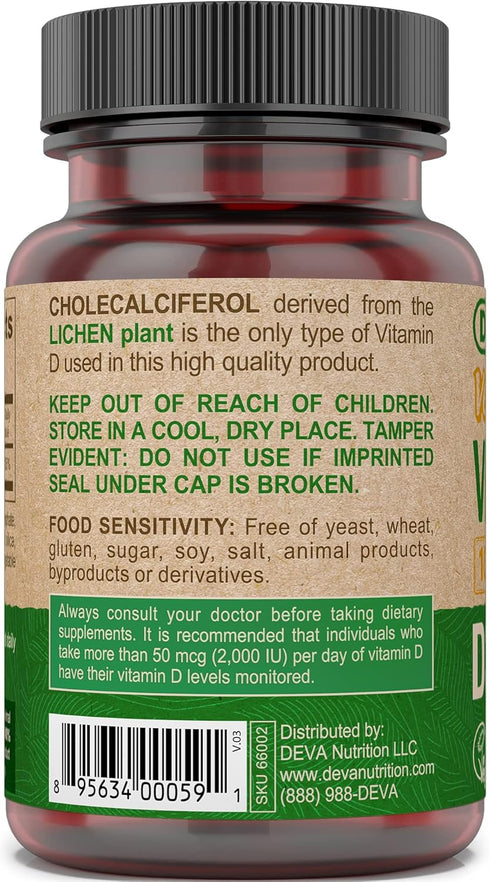 DEVA Vegan Vitamin D3 Supplement - 1000 IU Cholecalciferol, Lichen Plant Derived - Once-Per-Day Tablet, 90 Small