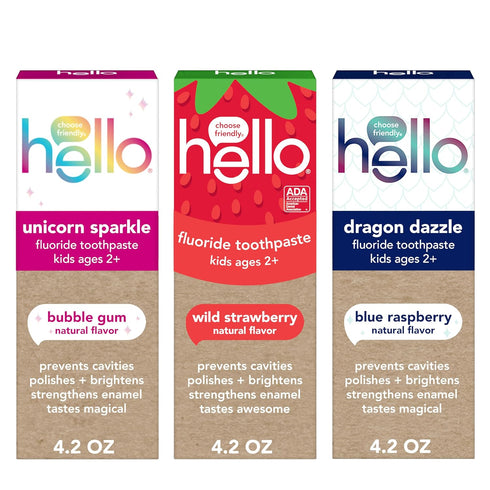 Hello Kids Fluoride Toothpaste Variety Pack, Includes a Strawberry Toothpaste, Unicorn Bubble