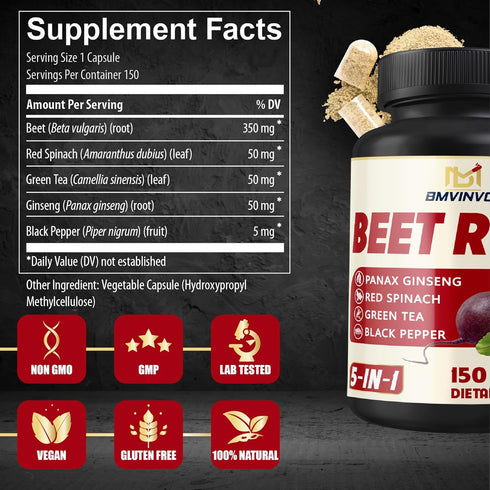 Beet Root, Green Tea, Red Spinach, Ginseng, Black Pepper - 150 Capsules for Digestive Support