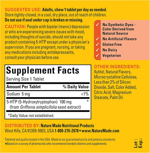 Nature Made Chewable 5HTP 100mg, 30 Tablets, Mood Support Supplement, 30 Day Supply