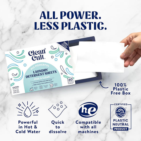 Cleancult Laundry Detergent Sheets - 60 Loads, Fragrance Free, Concentrated Liquidless, No Harsh Chemicals