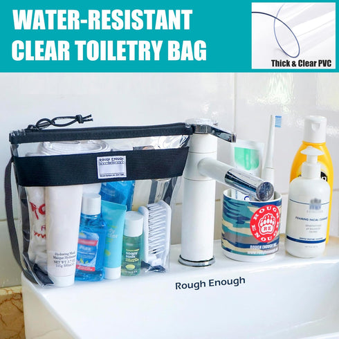 Rough Enough Clear Toiletry Bag, Makeup Organizer Cosmetic Pouch with Zipper Handle for Travel Essentials