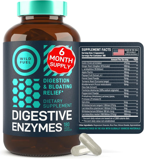 Digestive Enzymes with Probiotics and Prebiotics - Vegan Supplement for Gut Health & Digestion Support - 180 Caps