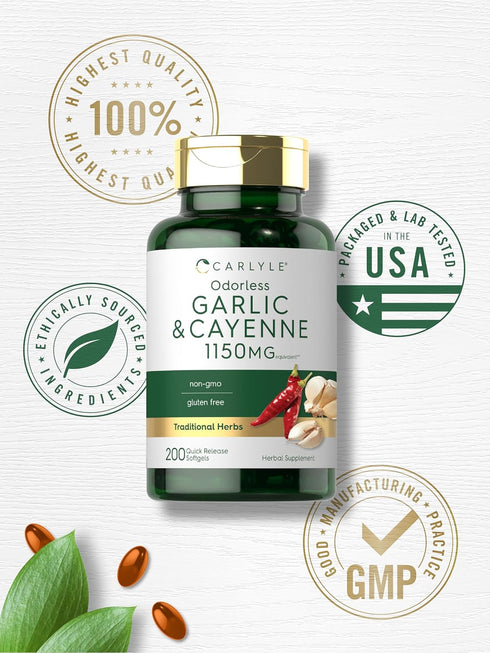 Carlyle Garlic and Cayenne 1150mg | 200 Softgels | Non-GMO, Gluten Free Dietary Supplement