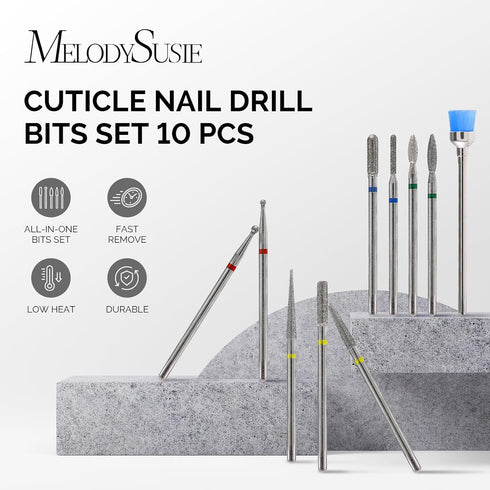 MelodySusie 10pcs Nail Drill Bits Set, 3/32 Inch Diamond Cuticle Bits for Nail Drill E-File, Manicure Tools
