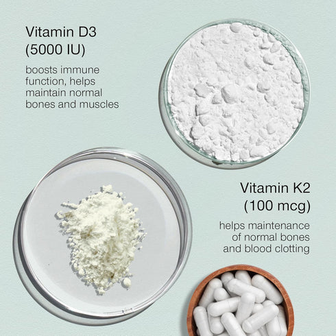 Vitamin D3 K2 Capsules, 5000 IU Vitamin D3 and 100mcg Vitamin K MK7, 60 Capsules, USA Made Vegetarian Supplement