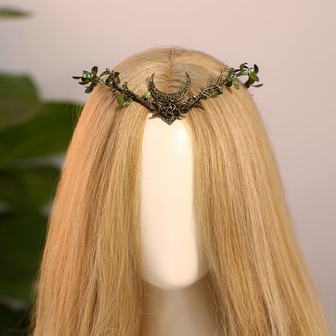 MOSTORY Handmade Moon Elf Crown - Elven Circlet Woodland Headpiece, Fairy Goddess Tiara for Halloween Cosplay