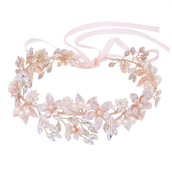 Oriamour Bridal Headpiece Wedding Headband with Flower Design, Genuine Freshwater Pearls & Ribbons (Rose Gold)