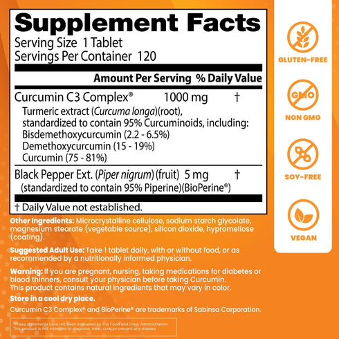Curcumin From Turmeric Root with C3 Complex & BioPerine, 1000 mg, 120 Tablets by Doctor's Best