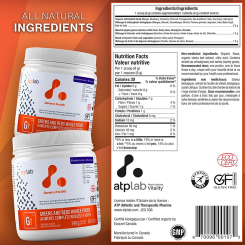 ATP LAB - Greens and Reds Whole Foods - Blueberry Acai, 240 g for Nutritional Support