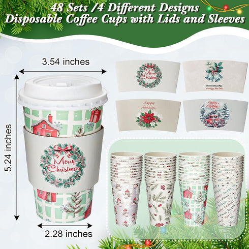 Jingmore 48 Pack 16 oz Christmas Disposable Coffee Cups with Lids and Sleeves Christmas Paper Hot Cups Xmas Party
