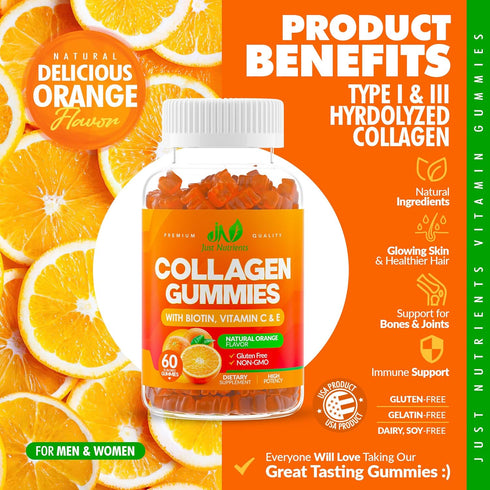 Collagen Peptides Gummies with Biotin, Vitamin C & E for Hair, Skin, Nails & Joints, 60 Gummies, Gluten-Free
