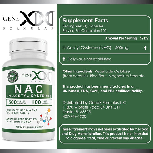GENEX NAC 500mg (100 Capsules) N-Acetyl Cysteine, Supports Liver Health - Non-GMO, Gluten Free, Vegan (3 Month Supply)